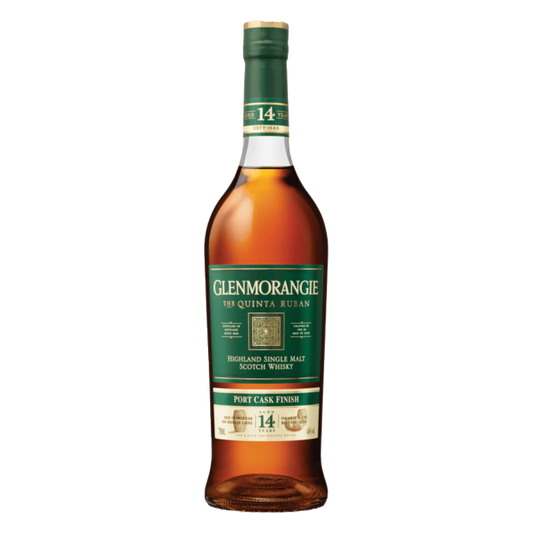 “Glenmorangie The Quinta Ruban 14 Year Single Malt Scotch Whisky 750ML bottle with ruby port cask finish packaging.”