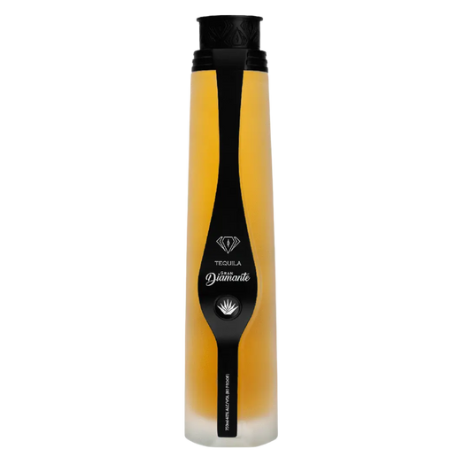 “Gran Diamante Añejo Tequila bottle with diamond-shaped design and amber tequila inside”