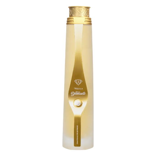 Gran Diamante Reposado Tequila bottle with golden amber tequila and faceted diamond-style design