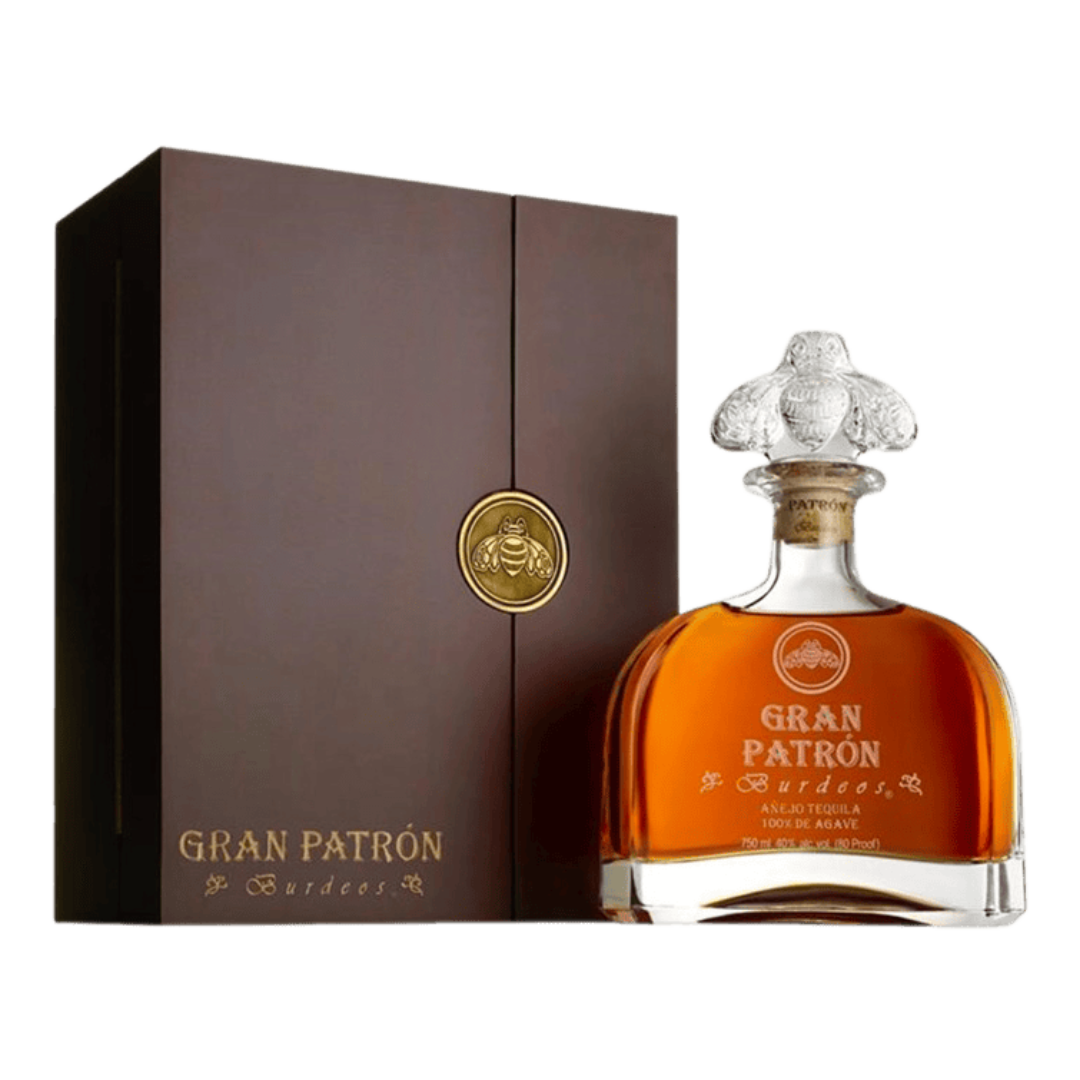 “Gran Patrón Burdeos Tequila 750ML bottle – luxury extra añejo tequila in premium crystal-style packaging finished in Bordeaux wine barrels.”