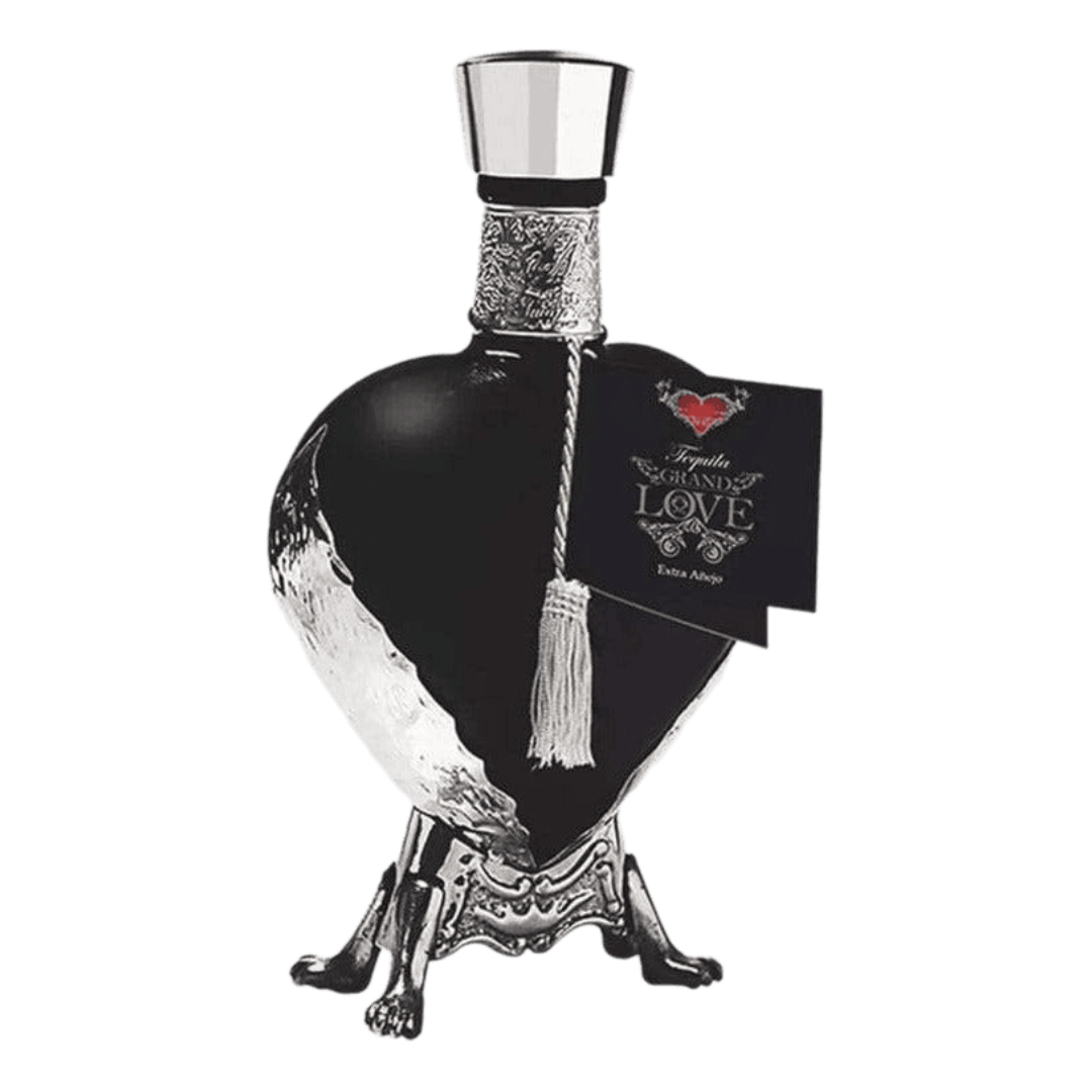 “Grand Love Black Heart Añejo Tequila 750ML black heart-shaped bottle premium aged tequila”