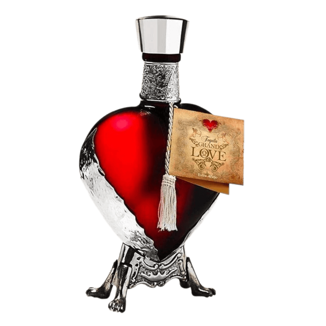 “Grand Love Red Heart Blanco Tequila 750ML in a red heart-shaped collectible bottle – premium 100% agave tequila.”