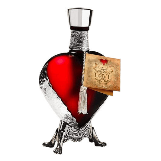 “Grand Love Red Heart Blanco Tequila 750ML in a red heart-shaped collectible bottle – premium 100% agave tequila.”