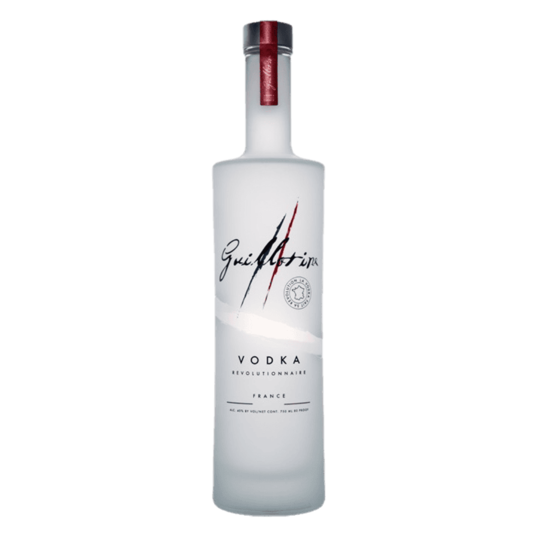 "Guillotine Originale Ultra-Premium Vodka 750ML bottle with clear glass design, French grape-based vodka, luxury spirit."