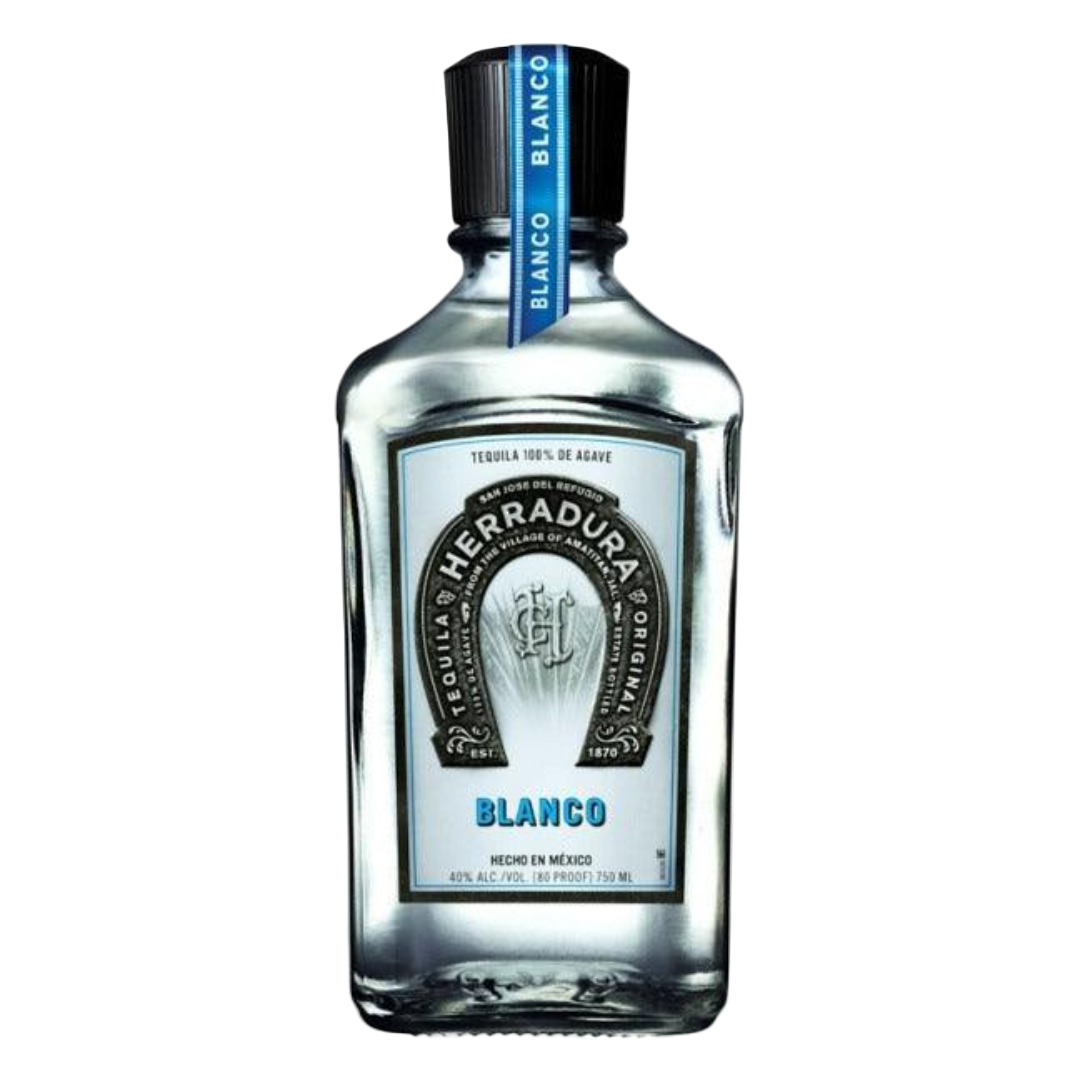 “Herradura Blanco Tequila 750ML bottle with clear tequila, premium silver tequila made from 100% blue agave.”