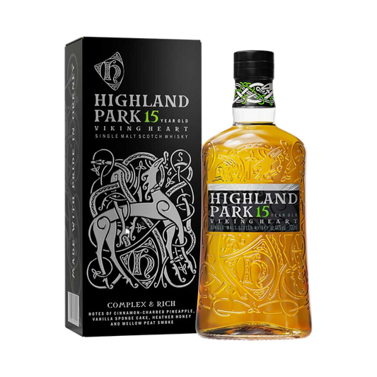 “Highland Park Viking Heart 15 Year Old Single Malt Scotch in embossed ceramic 750ML bottle”