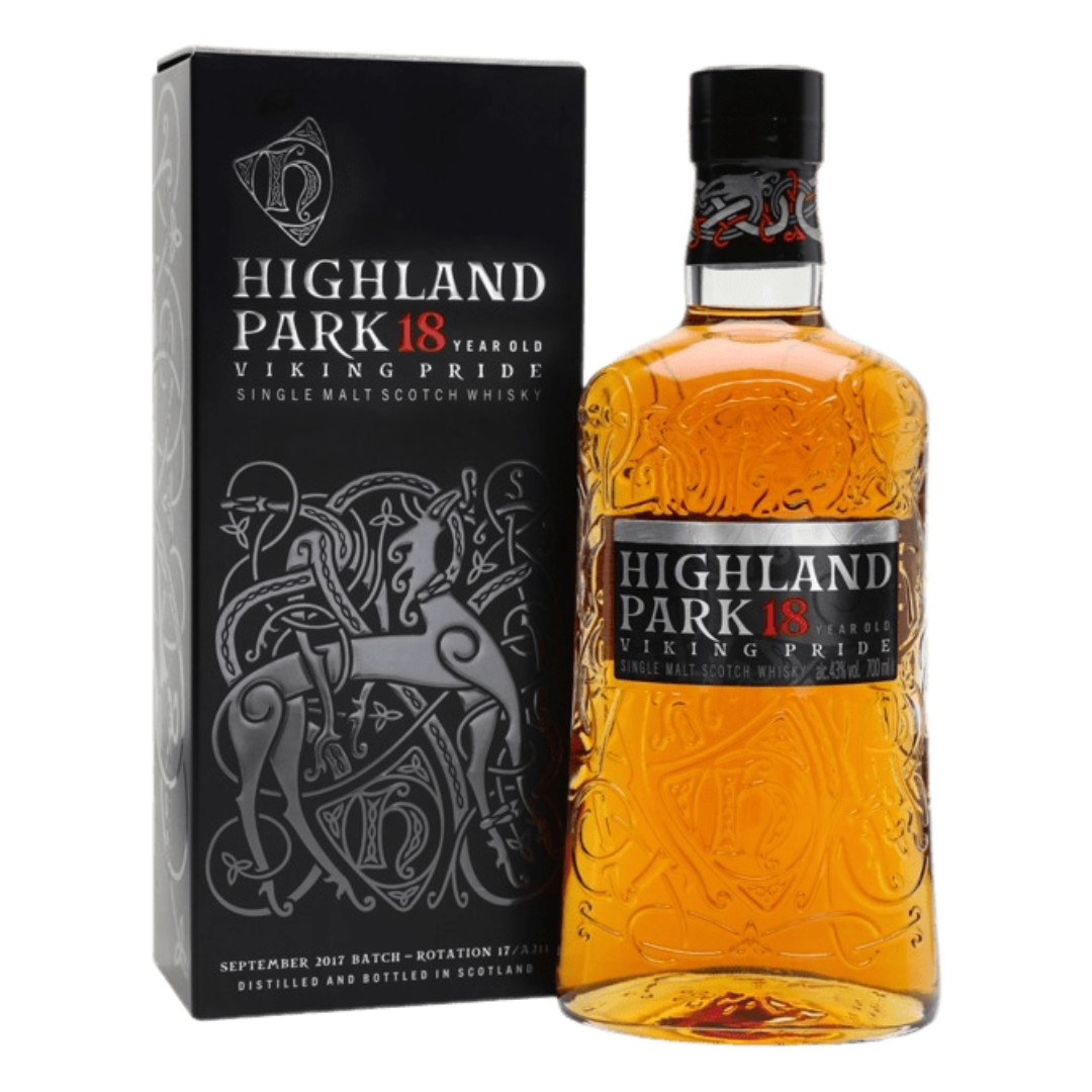 “Highland Park Viking Pride 18 Year Single Malt Scotch Whisky 750ML bottle with premium packaging and Orkney Viking design.”