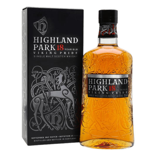 “Highland Park Viking Pride 18 Year Single Malt Scotch Whisky 750ML bottle with premium packaging and Orkney Viking design.”