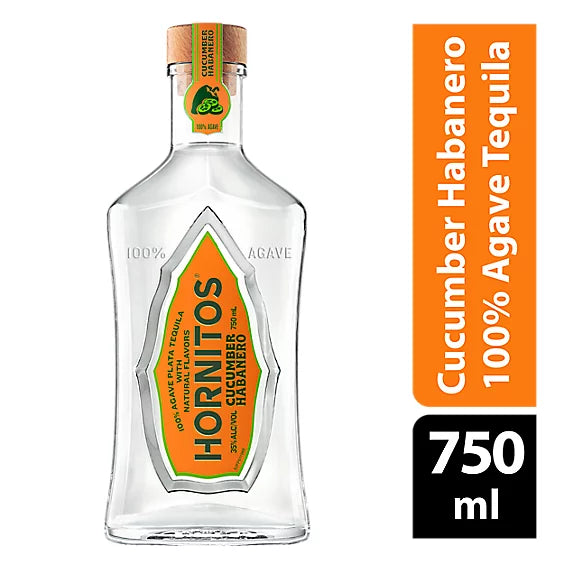 “Hornitos Plata Cucumber Habanero Tequila 750ML bottle with green label featuring cucumber and habanero flavor accents.”