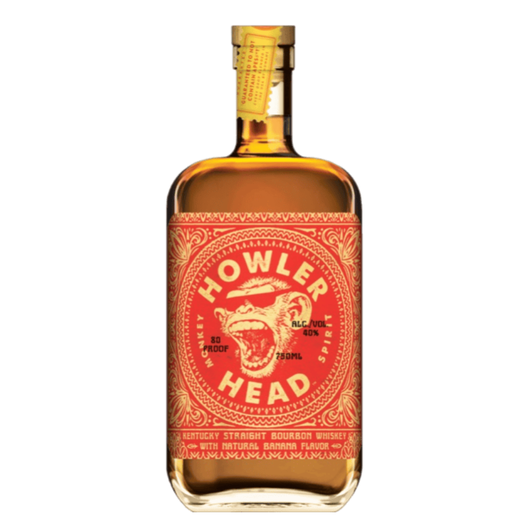 “Howler Head Banana Infused Kentucky Straight Bourbon Whiskey 750ML bottle with red label”