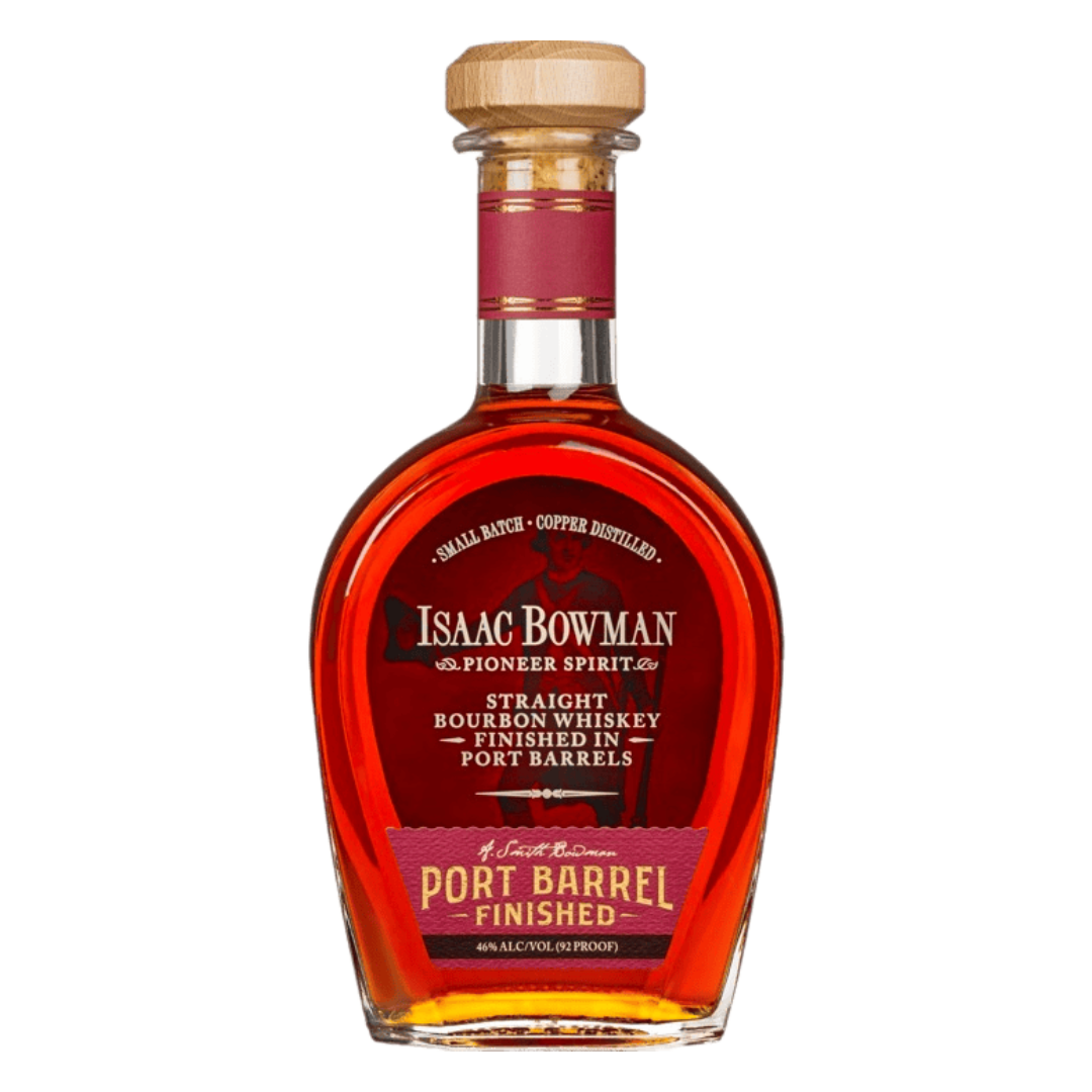 "Isaac Bowman Port Barrel Finished Bourbon 750ML bottle with port barrel finish whiskey label."