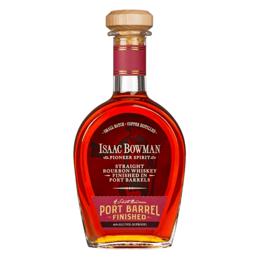 "Isaac Bowman Port Barrel Finished Bourbon 750ML bottle with port barrel finish whiskey label."