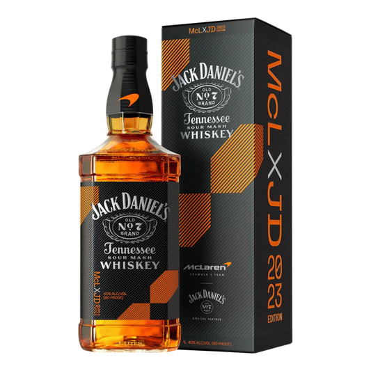 “Jack Daniel's Black Label Old No.7 McLaren Racing 2023 Limited Edition 1L Tennessee Whiskey bottle with special racing design.”