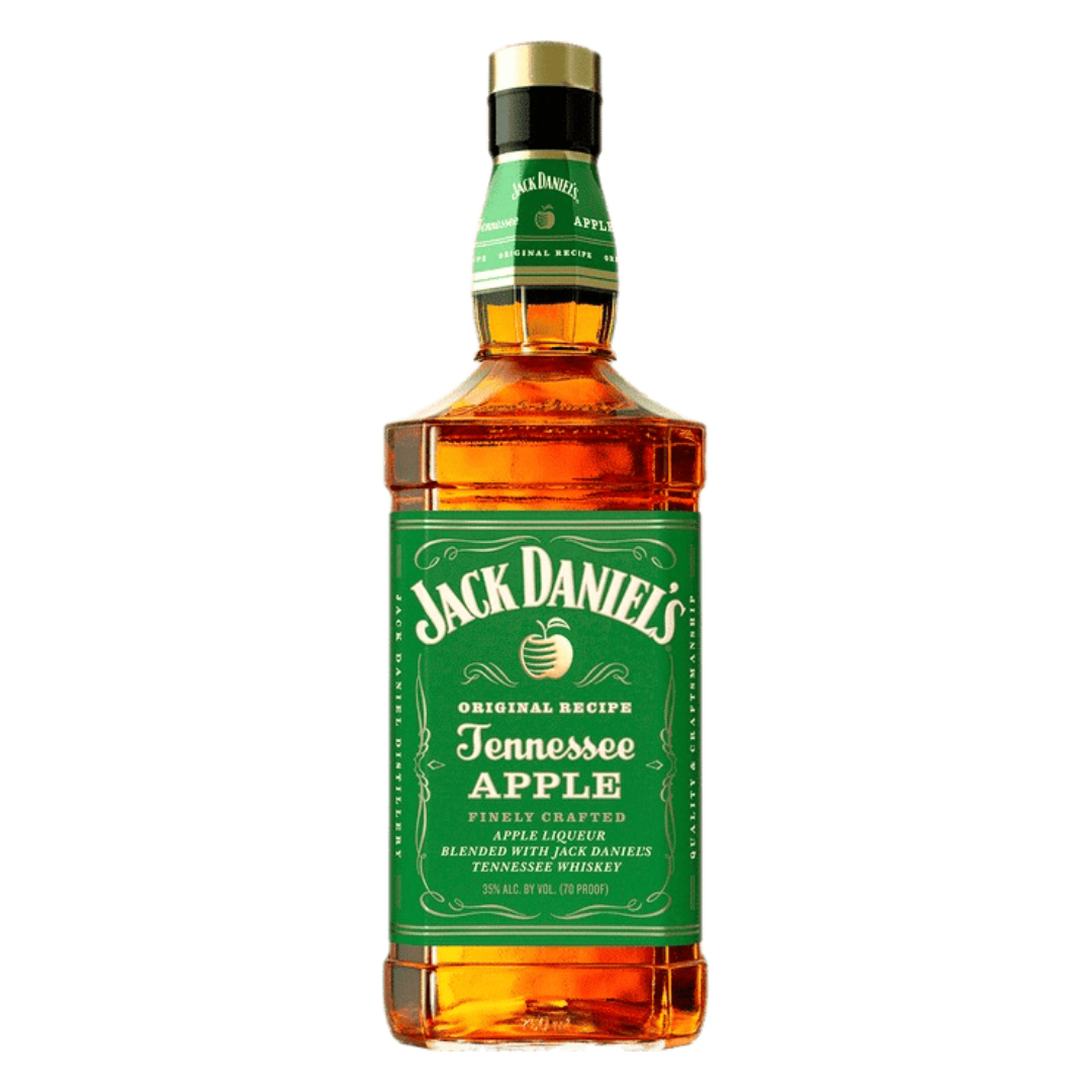 “Jack Daniel's Tennessee Apple Whiskey 750ML bottle with green label, featuring crisp apple-flavored Tennessee whiskey.”