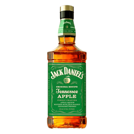 “Jack Daniel's Tennessee Apple Whiskey 750ML bottle with green label, featuring crisp apple-flavored Tennessee whiskey.”