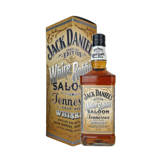 “Jack Daniel's White Rabbit Saloon 120th Anniversary Limited Edition Sour Mash Whiskey 750ML Bottle – Commemorative Tennessee Whiskey Collectible.”