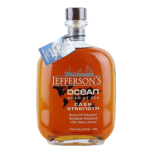 “Jefferson's Ocean Aged at Sea Cask Strength Bourbon 750ML bottle on display with premium whiskey packaging.”