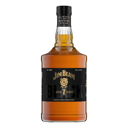 “Jim Beam Black 7 Years Kentucky Straight Bourbon Whiskey 750ML bottle with premium black label and amber bourbon.”