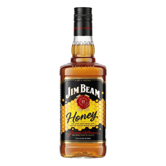 “Jim Beam Honey Liqueur with Kentucky Straight Bourbon Whiskey 750ML bottle with honey-infused bourbon label.”