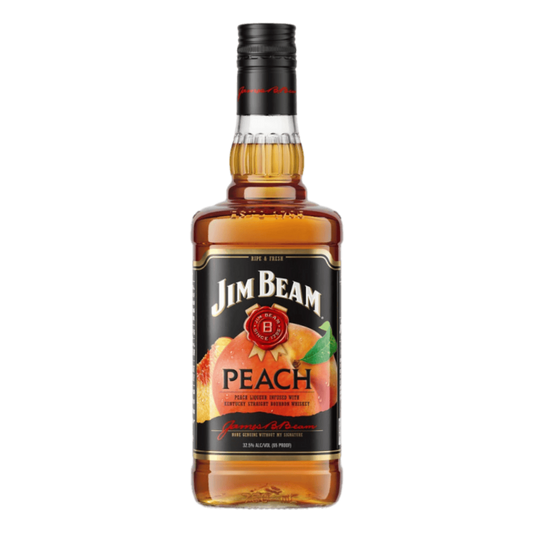 “Bottle of Jim Beam Peach Liqueur with Kentucky Straight Bourbon Whiskey 750ML, peach-flavored bourbon liqueur.”