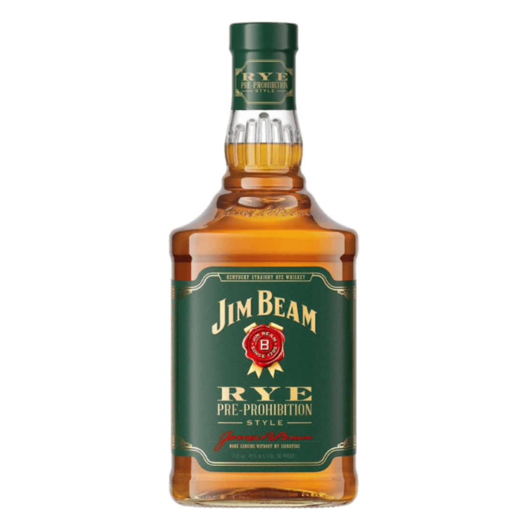 “Jim Beam Pre-Prohibition Style Kentucky Straight Rye Whiskey 750ML bottle with green label and gold accents standing upright.”