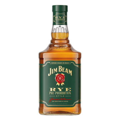 “Jim Beam Pre-Prohibition Style Kentucky Straight Rye Whiskey 750ML bottle with green label and gold accents standing upright.”