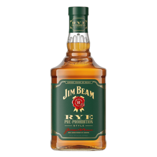 “Jim Beam Pre-Prohibition Style Kentucky Straight Rye Whiskey 750ML bottle with green label and gold accents standing upright.”