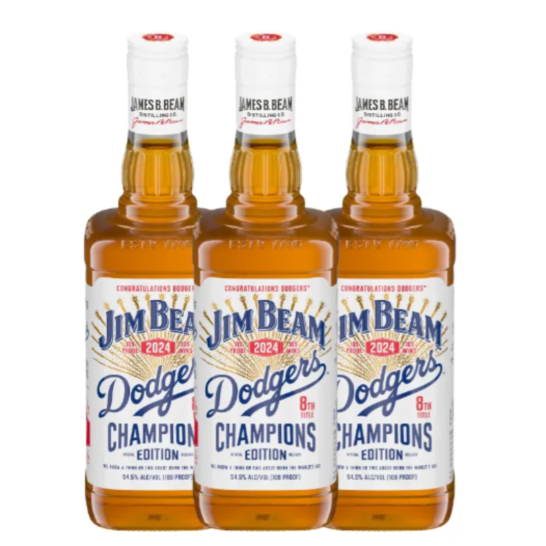 Three bottles of Jim Beam 2024 Dodgers Champions Edition on a white background
