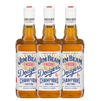 Three bottles of Jim Beam 2024 Dodgers Champions Edition on a white background