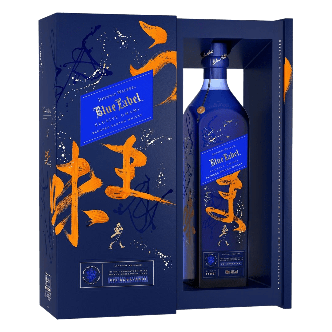 Johnnie Walker Elusive Umami Limited Edition Blue Label Scotch 750ML bottle with premium gift box – rare luxury whisky release.