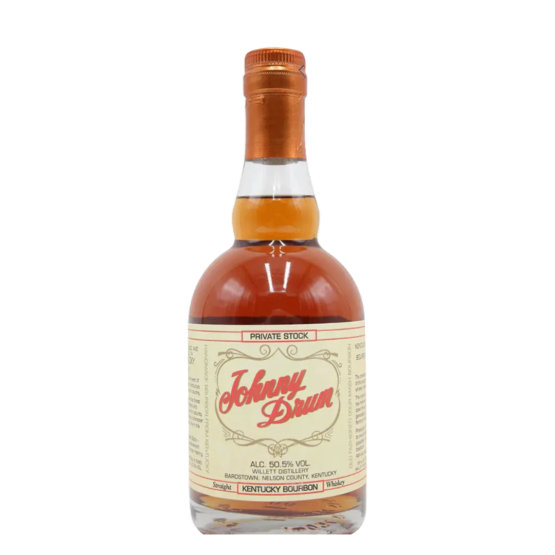 “Johnny Drum Bourbon 750ML bottle with Kentucky small-batch bourbon label on a wooden background.”