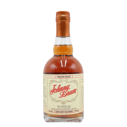 “Johnny Drum Bourbon 750ML bottle with Kentucky small-batch bourbon label on a wooden background.”