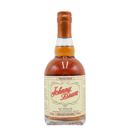 “Johnny Drum Bourbon 750ML bottle with Kentucky small-batch bourbon label on a wooden background.”