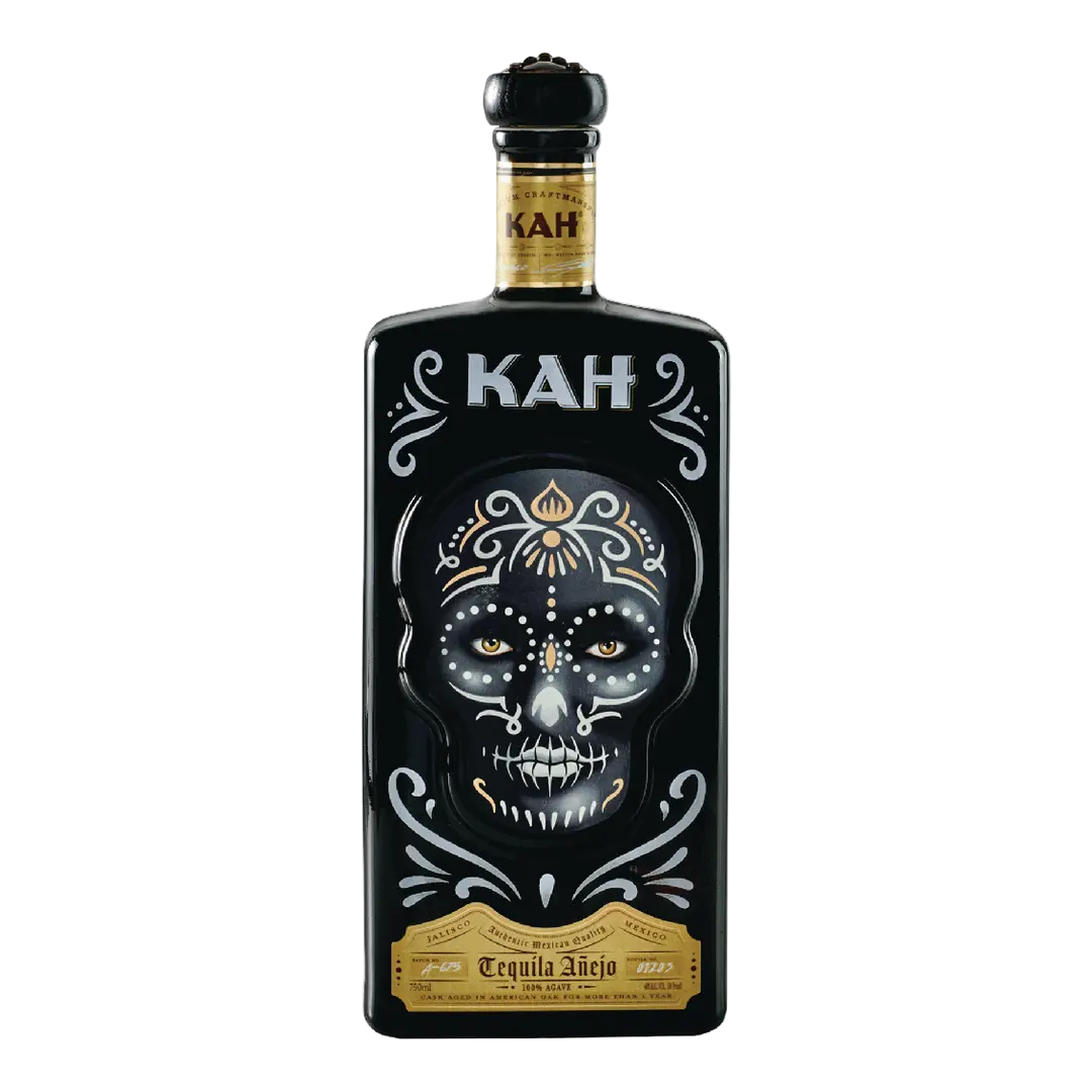 “KAH Tequila Añejo 750ML hand-painted skull bottle front view”