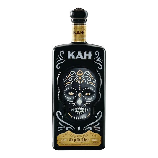 “KAH Tequila Añejo 750ML hand-painted skull bottle front view”
