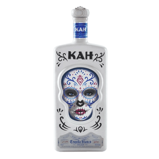 “KAH Tequila Blanco 750ML hand-painted skull bottle – premium 100% agave tequila product photo.”