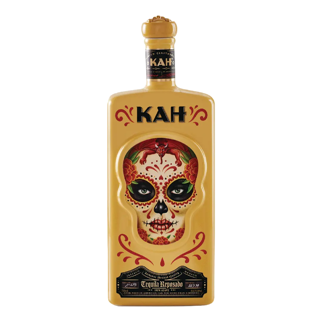 “KAH Tequila Reposado 750ML hand-painted skull bottle front view”