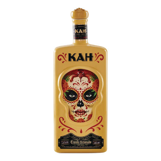 “KAH Tequila Reposado 750ML hand-painted skull bottle front view”