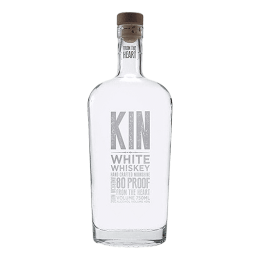 "KIN White Whiskey 750ML bottle – clear unaged craft whiskey with clean grain flavor"
