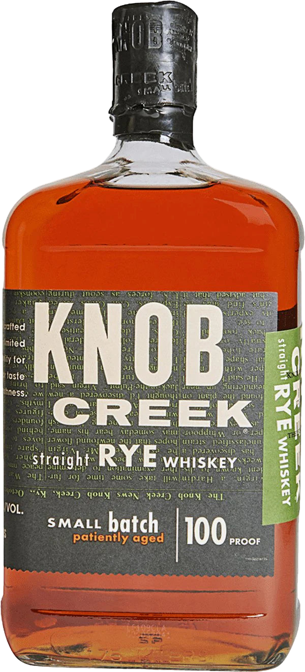 “Knob Creek 100 Proof Small Batch Kentucky Straight Rye Whiskey 750ml bottle with green label, premium Kentucky rye whiskey.”