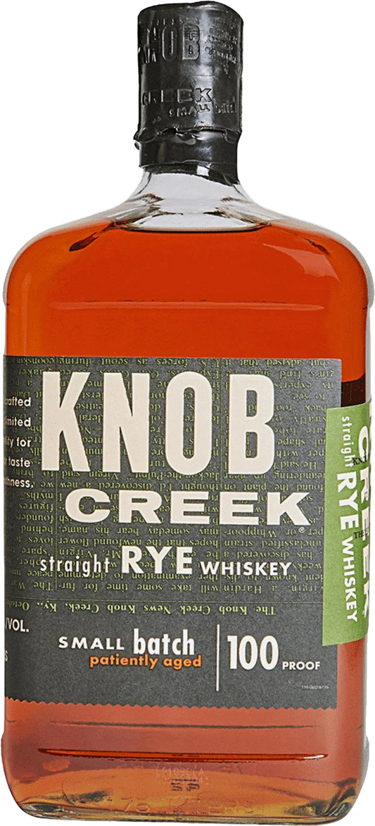 “Knob Creek 100 Proof Small Batch Kentucky Straight Rye Whiskey 750ml bottle with green label, premium Kentucky rye whiskey.”