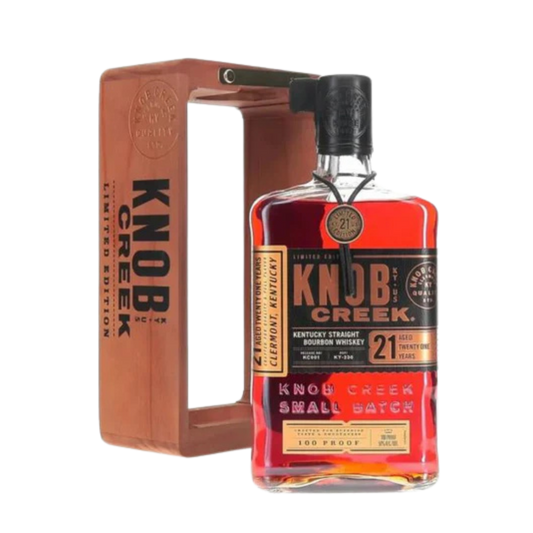 "Knob Creek 21 Year Old Kentucky Straight Bourbon Whiskey bottle – limited-edition aged 21 years with premium packaging."