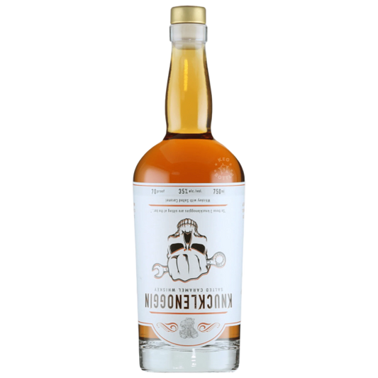 “Knucklenoggin Salted Caramel Whiskey 750ML bottle with caramel-inspired label, flavored whiskey product photography.”
