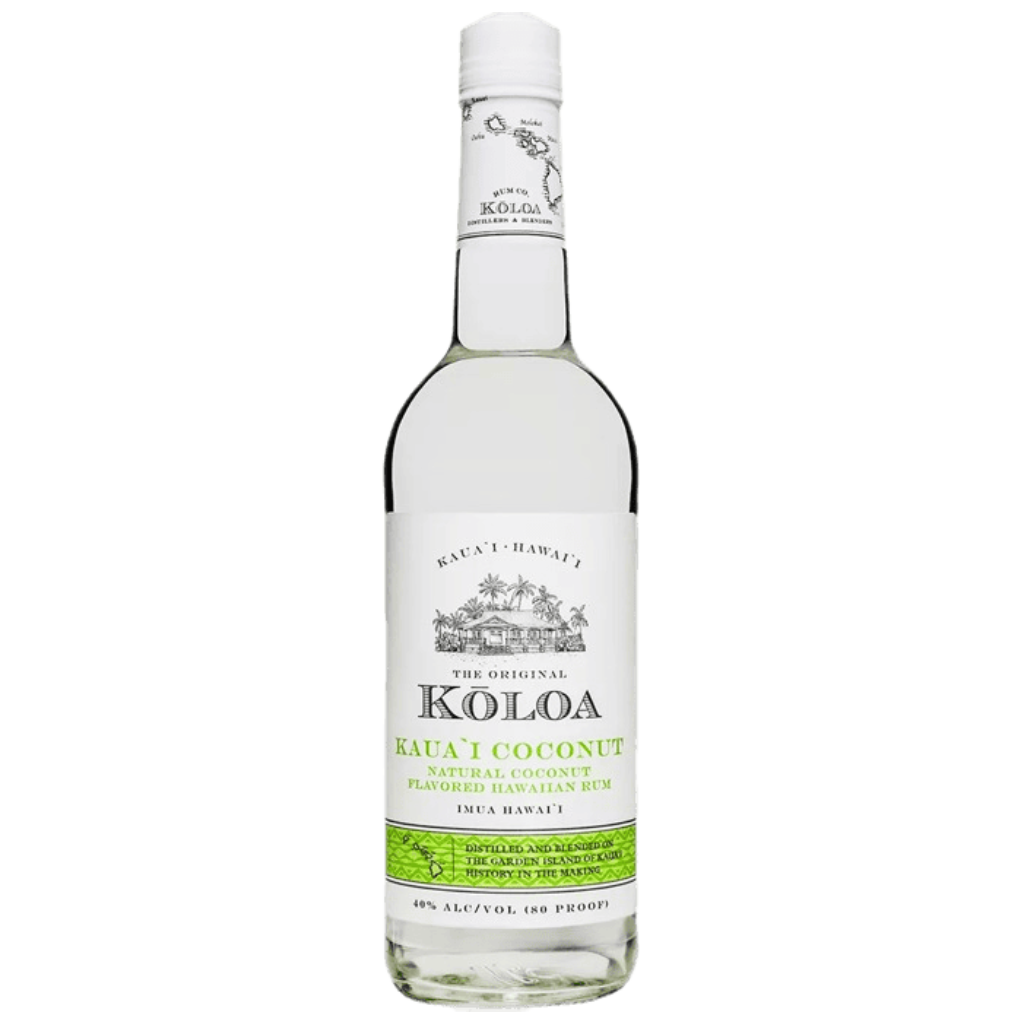 “Koloa Kaua'i Coconut Rum 750ML bottle with tropical Hawaiian coconut rum label”