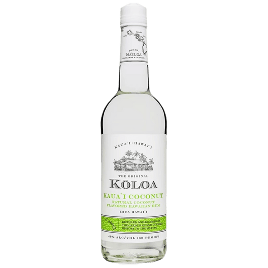 “Koloa Kaua'i Coconut Rum 750ML bottle with tropical Hawaiian coconut rum label”