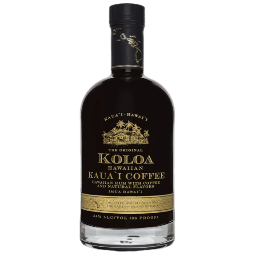 “Koloa Kaua'i Coffee Flavored Rum 750ML bottle with dark Hawaiian coffee rum label”