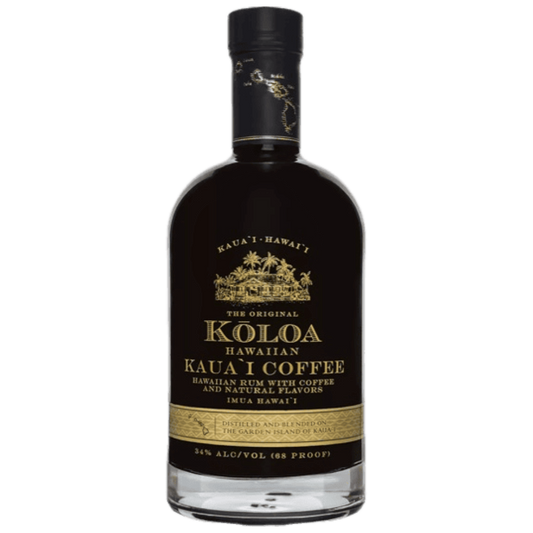 “Koloa Kaua'i Coffee Flavored Rum 750ML bottle with dark Hawaiian coffee rum label”