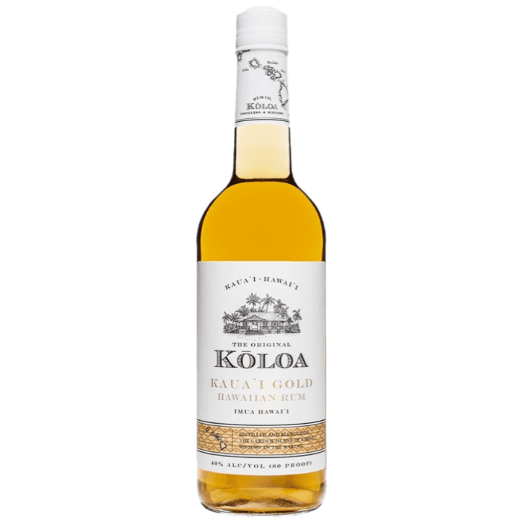 “Koloa Kaua'i Gold Rum 750ML bottle with Hawaiian-crafted premium gold rum in a clear glass bottle.”