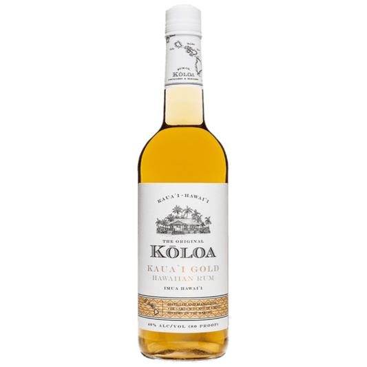 “Koloa Kaua'i Gold Rum 750ML bottle with Hawaiian-crafted premium gold rum in a clear glass bottle.”