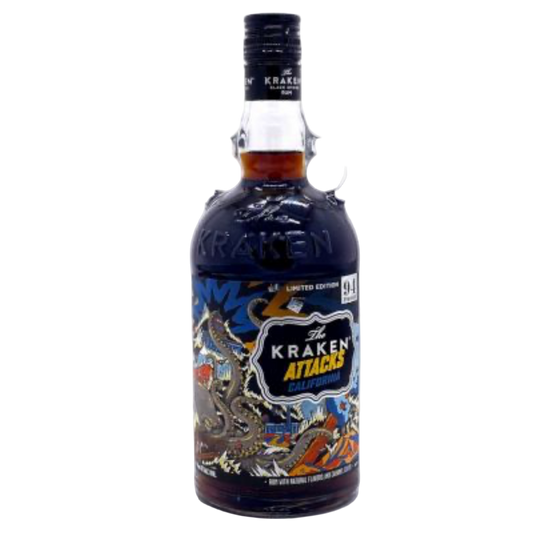 “Kraken Attacks California Limited Edition Rum 750ML bottle with California-themed Kraken artwork”